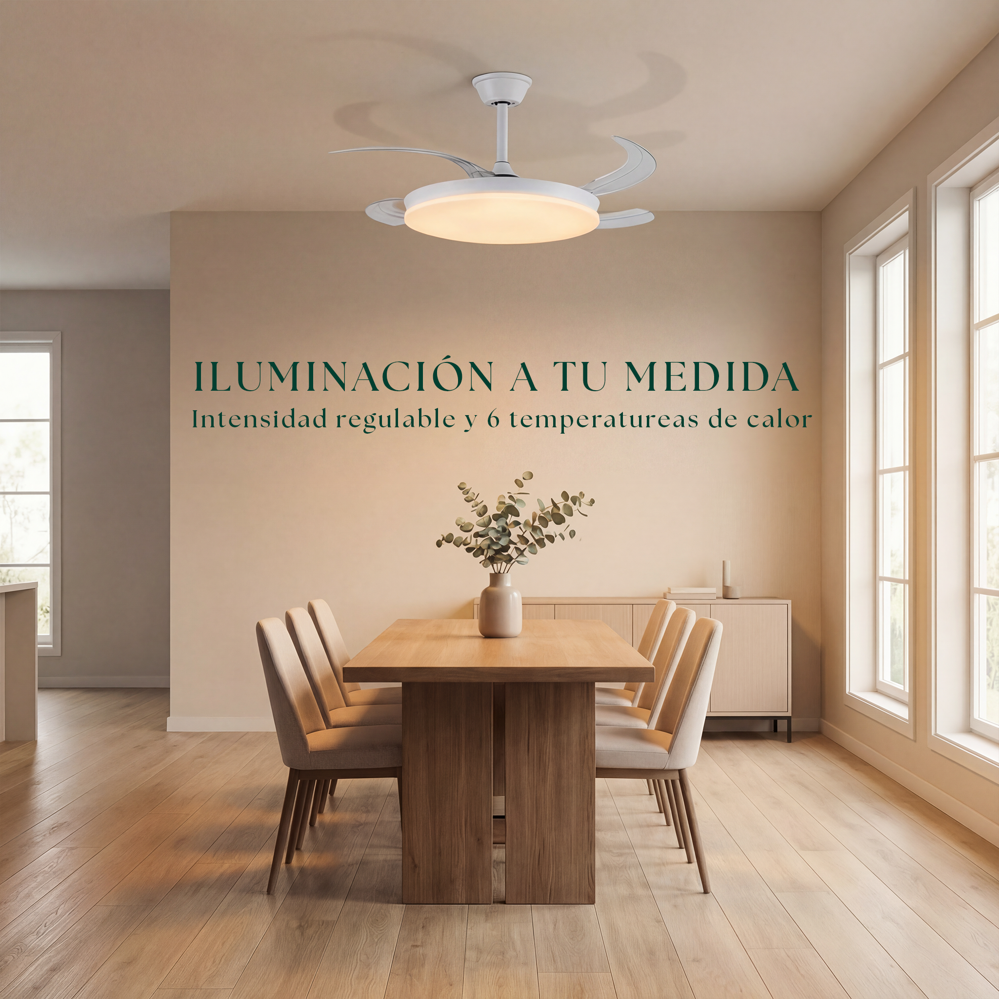 Ventilador de techo Milos de 55 cm (6–15 m²) – Compacto con luz LED
