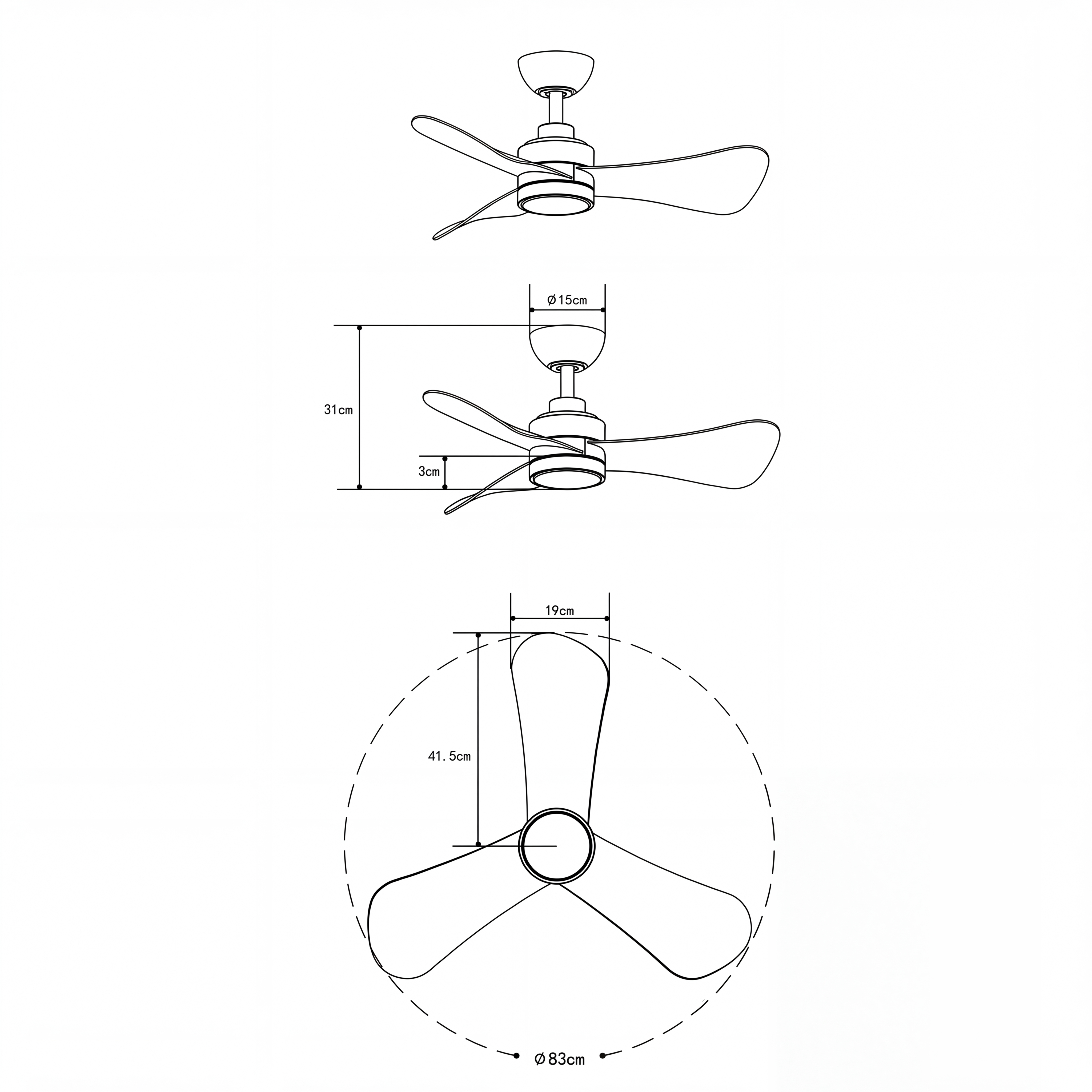 Ventilador de Techo Turqueta 83 cm (<8 m²) - 3 Aspas ABS con Luz LED